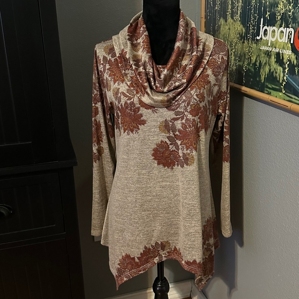 One World Live Let Live Cowl Neck Floral Boho Tunic Top Large NWOT